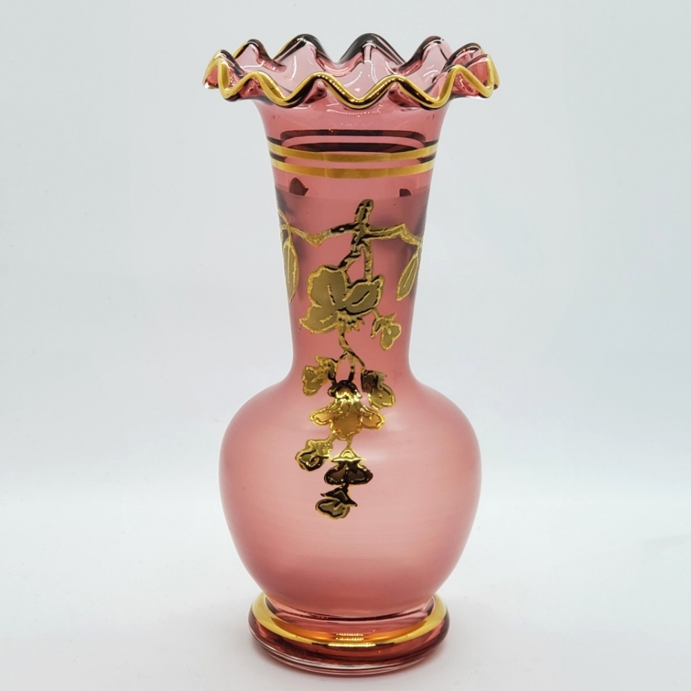Vintage Bohemian Ruby Glass Posy Vase Hand Painted Gilded Czech Republic